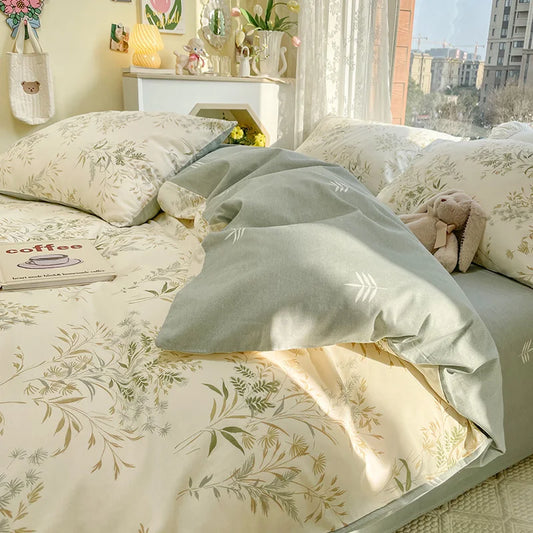 Simple Leaves Floral Printed Duvet Cover Set with Sheet Pillowcases No Filling Soft Bed Linen Full Queen Size Woman Home Bedding