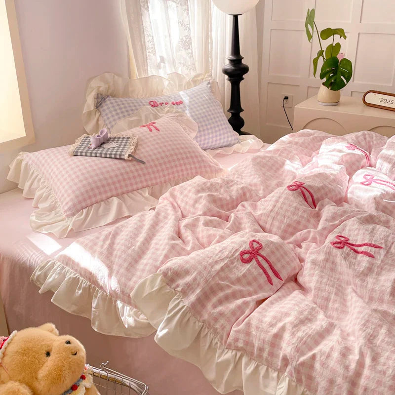 2025 Princess Bedding Set Lace Bow Pink Plaid 4pcs Bedding for Spring Quilt Cover Sheet And Pillowcase Soft Romantic For Girls