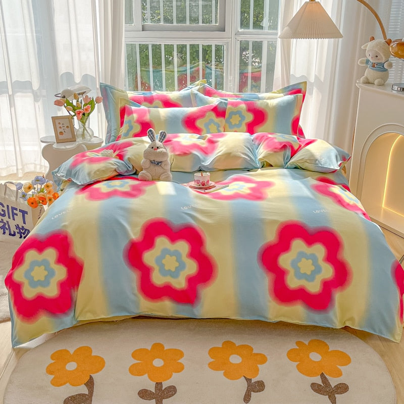 Cotton Home Textile Rose Floral Bedding Set Boy Girl Duvet Cover Flat Sheet Pillowcase Aesthetic Bedcloth Double Queen Bed Linen