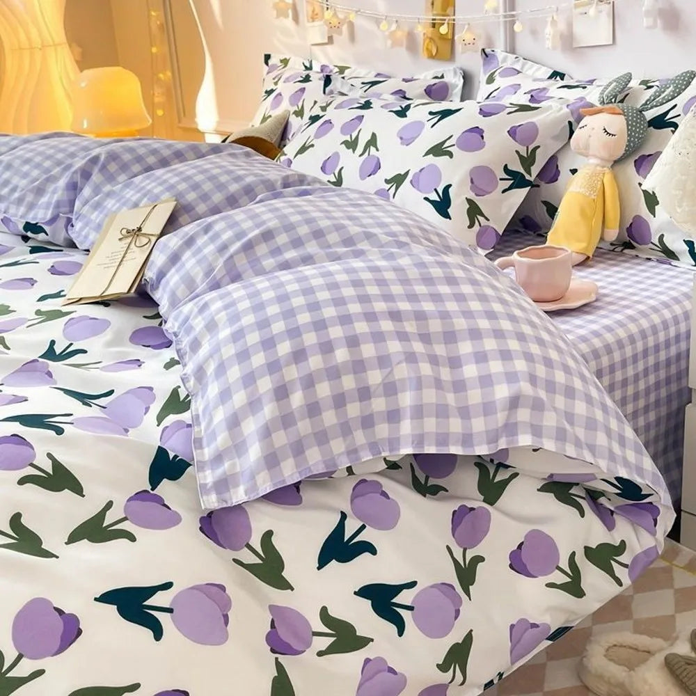 Blue Plaid Bedding Set Fashion Soft Bed Linen Single Full Queen Size Boys Girls Duvet Cover Flat Sheet Pillowcases Kit
