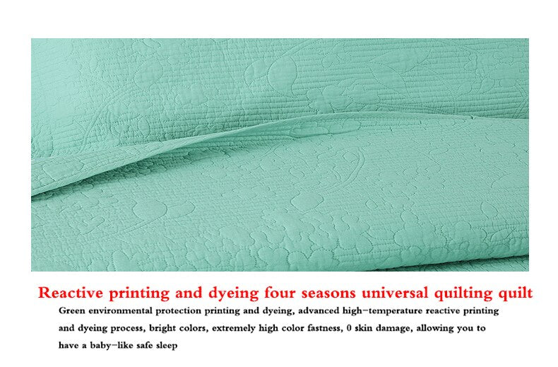 Double Bed 100% Cotton Pure Green 3pcs Printed Quilted Quilt Pillowcase Free Shipping