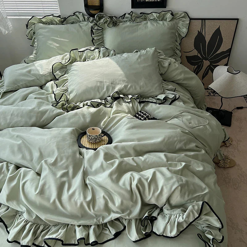 3/4Pcs Korean Princess Style Ruffles Bedding Set Skin-friendly Soft Silky Cool Feeling Duvet Cover Set Bed Sheet Pillowcases