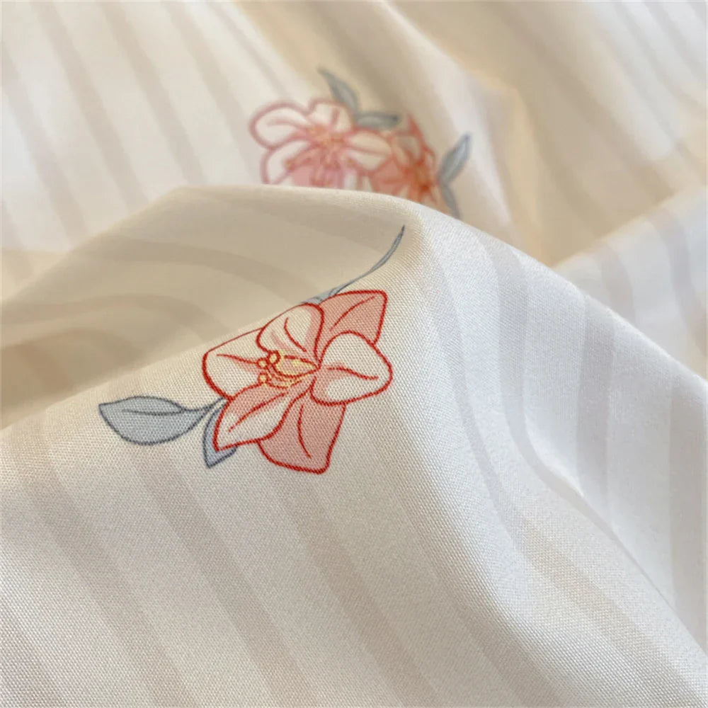 Floral Printed Duvet Cover with Pillowcase Bedding Set Washed Cotton Skin-friendly Four Pieces Set Duvet Cover Set with Sheet