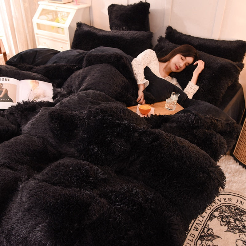 4pcs Autumn and Winter Warm and Thick Solid Color King Size Bedding Set Sheet Quilt Cover Pillowcase 220x240cm