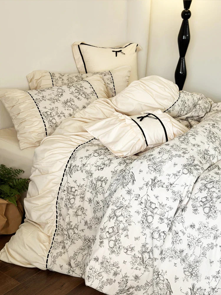 Winter 100% Cotton Korean Princess  Bedding Set Thickened Retro French Duvet Cover Sets Flower Bed Skirt  Skin-friendly Fabrics
