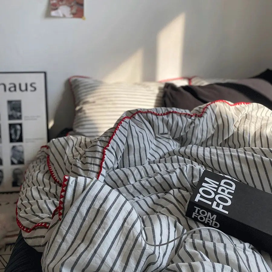 Duvet Cover Set Quilt Set Ins Nordic Minimalist Style Grey Strip Bed Set Of Four Pieces, Home Luxury Bedding Set Bed Sheets