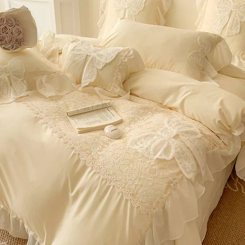 Korean Princess Bedding Set Lace Bow  Beauty Solid Color Lace Ruffle Quilt Cover Luxury Girls Wedding Home Textiles Duver Cover