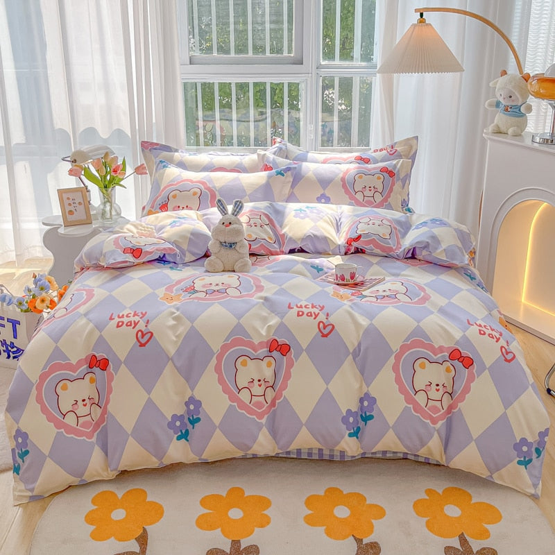 Cotton Home Textile Rose Floral Bedding Set Boy Girl Duvet Cover Flat Sheet Pillowcase Aesthetic Bedcloth Double Queen Bed Linen