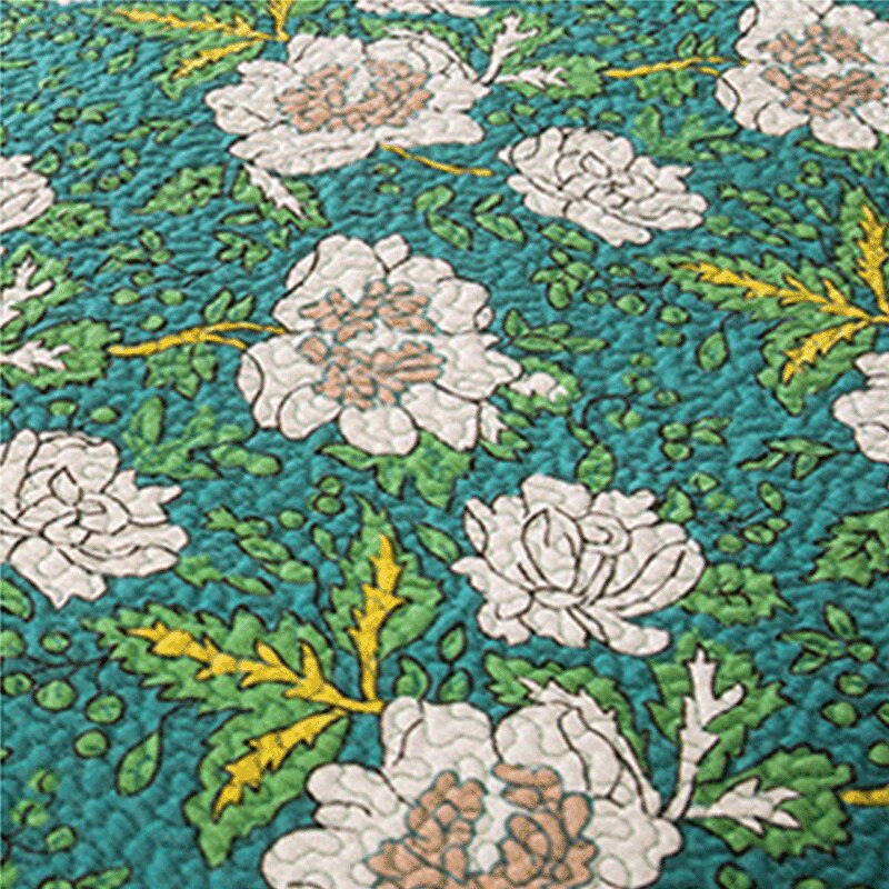 Double Bed Cotton Green White Flowers 3pcs Printed Quilted Quilt Pillowcase Free Shipping