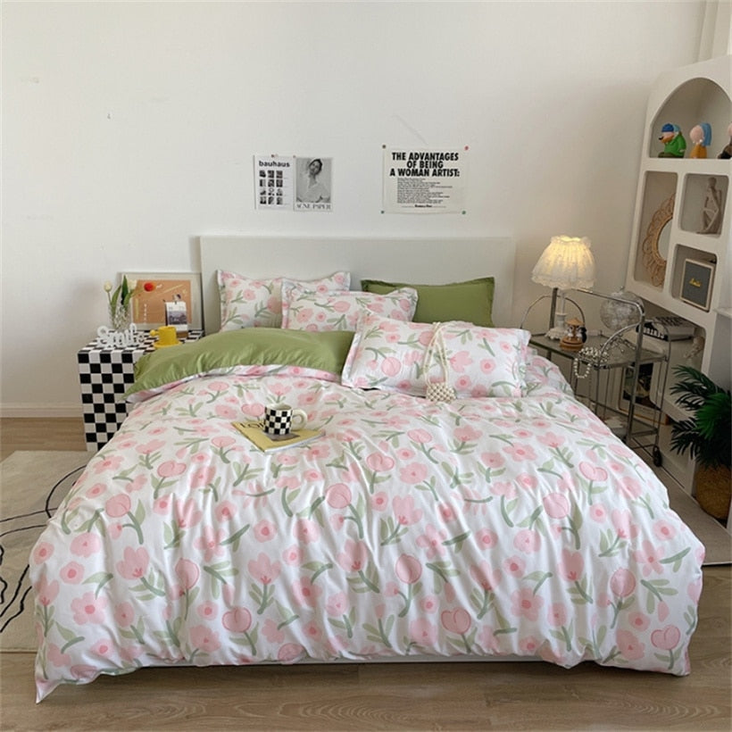 Dreamreal Floral Bedding Set with Duvet Cover 30 Colors Duvet Cover Fitted Sheet Pillowcase Luxurious Satin