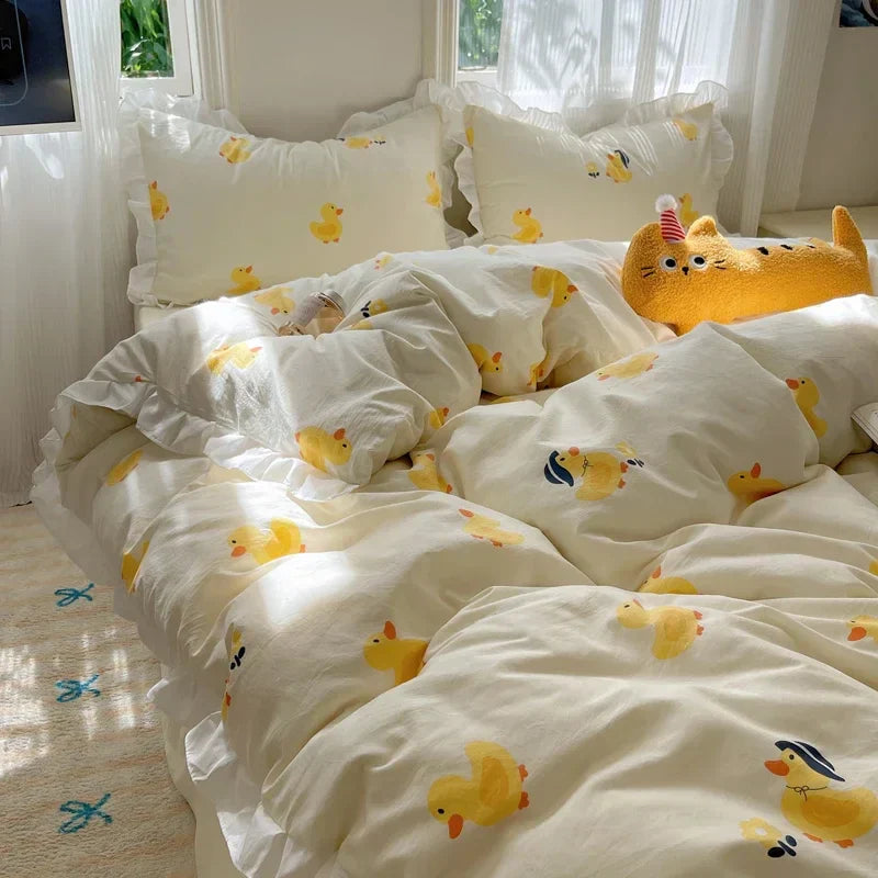 Blue Floral Ruffle Duvet Cover Set Queen Flower Leaf Comforter Covers 4Pcs Soft Luxury Pastoral Garden Washed Cotton Bedding Set