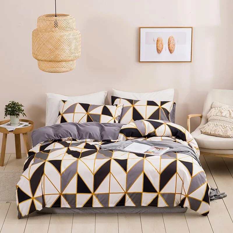 Geometric Print Queen Bedding Set King Size Home Soft Duvet Cover Set Full Stripes Single Double Bed Quilt Cover and Pillowcase