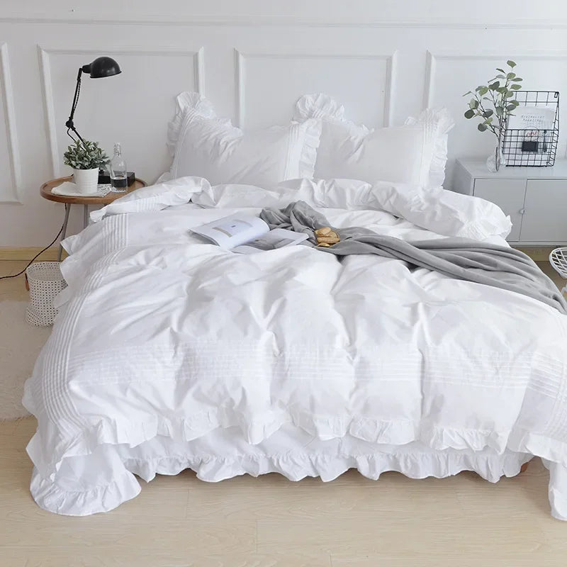 White Flat Sheet Thickened 100% Cotton Bedding Sheets queen Lotus Leaf Flat Bed Sheet Duvet cover and pillowcases quilt case