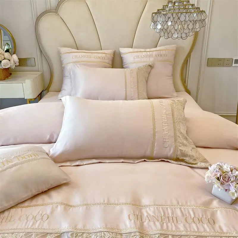 4pcs Class A High-end Long-staple Cotton Thickened Brushed Embroidery Quilt Cover Flat/fitted Bed Sheet European Bedding Set