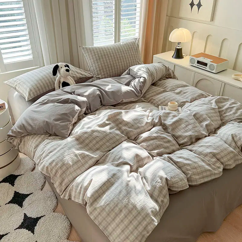 Grey Plaid Bedding Set Ins Style Nordic Duvet Cover Flat Sheet Pillowcases No Filler Full Queen Size Girls Boys Home BedSpread