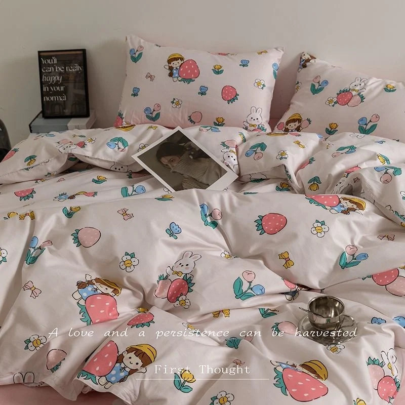 Fashion Style Pink Bedding Set Soft Flower Duvet Cover Pillowcase Bed Flat Sheet Set For Girl Women Twin Full Queen Bedclothes
