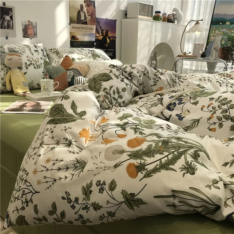 Fashion Style Pink Black Bedding Set Soft Flower Duvet Cover Pillowcase Bed Flat Sheet Set For Girl Double Queen King Bedclothes