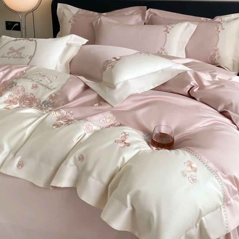 4pcs/Set Class A Grade High-end 200s Long-staple Pure Cotton Embroidery Quilt Covers Pillowcases Sheet  Bedding Set