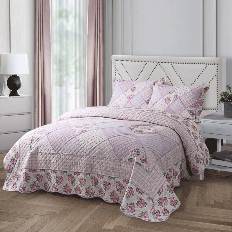 Single Double Bed 100%Cotton Purple 3pcs Printed Quilted Quilt Pillowcase Free Shipping len?ol de cama casal ?????