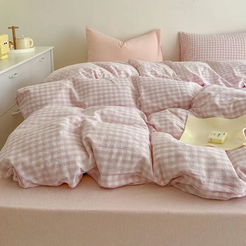 Grey Plaid Bedding Set Ins Style Nordic Duvet Cover Flat Sheet Pillowcases No Filler Full Queen Size Girls Boys Home BedSpread