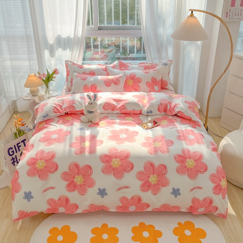 Cotton Home Textile Rose Floral Bedding Set Boy Girl Duvet Cover Flat Sheet Pillowcase Aesthetic Bedcloth Double Queen Bed Linen