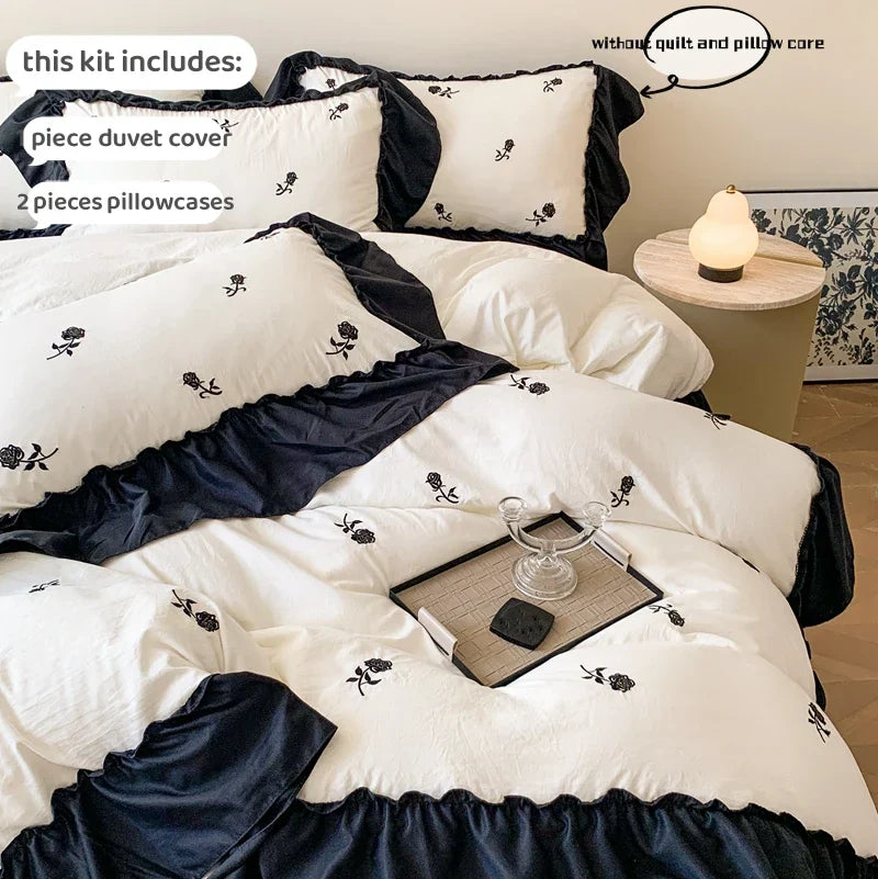 3pcs Rose Embroidered Duvet Cover Set (1*Duvet Cover + 2*Pillowcase, Without Core), Princess Style Lace Bedding Set