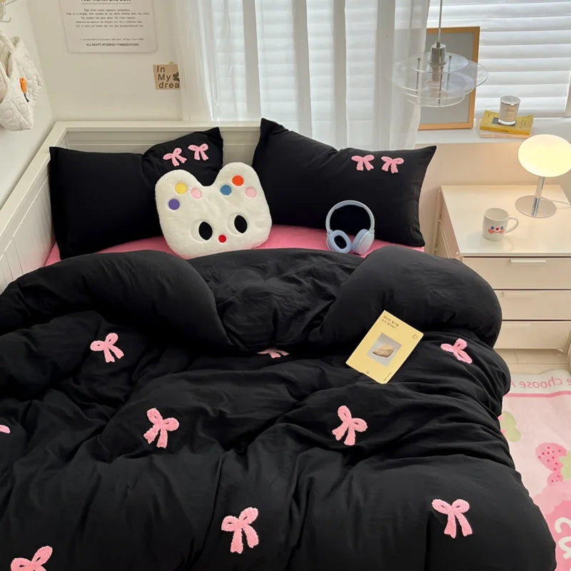 3pcs Duvet cover set (1*Duvet Cover + 2*Pillowcase, Without Core), Butterfly knot yarn embroidery Bedding Set, Soft Comfortable