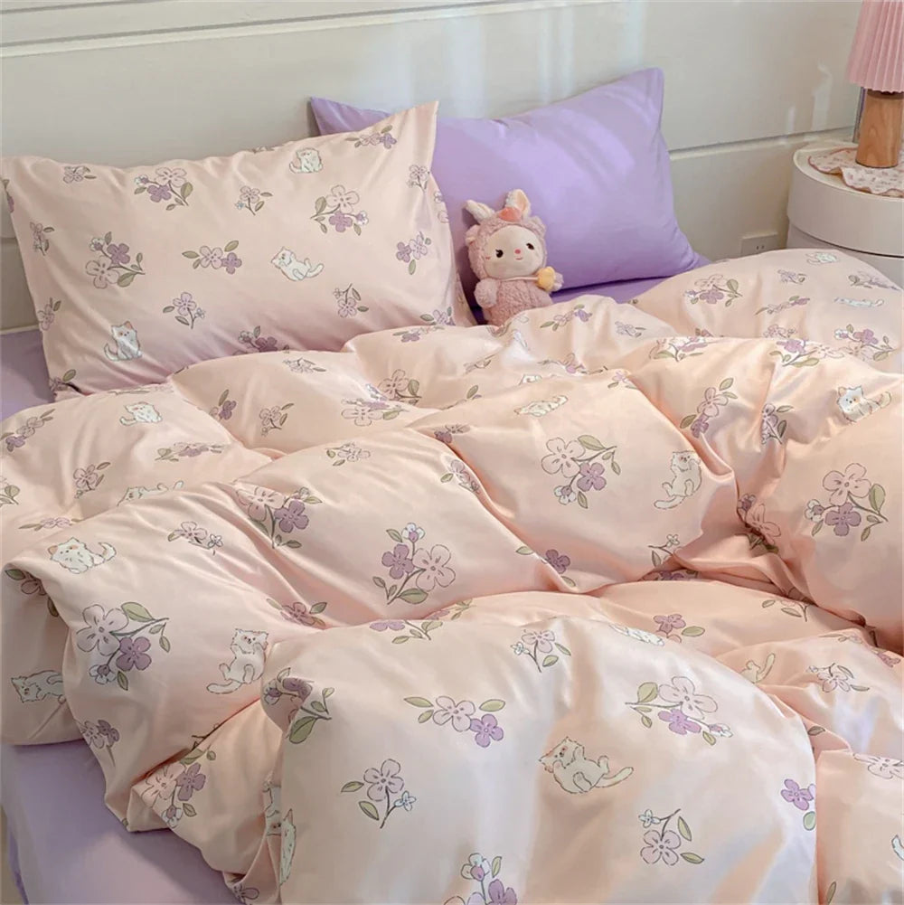Floral Printed Duvet Cover with Pillowcase Bedding Set Washed Cotton Skin-friendly Four Pieces Set Duvet Cover Set with Sheet