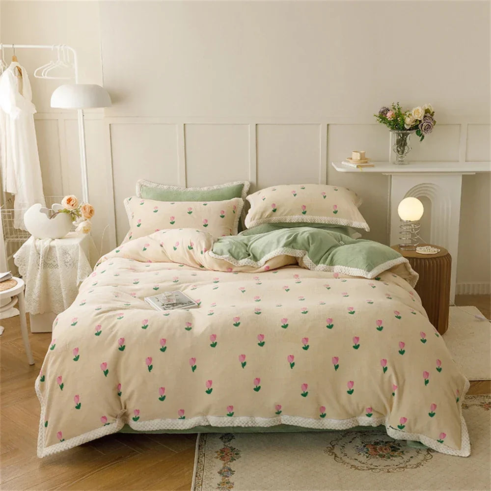 Milk Velvet Bedding Set Thicken Bound Edge High Weight Winter Warm Four Piece Set Quilt Cover Bed Linen Pillowcase Bedroom Decor