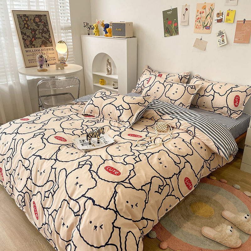 Cute Bear Bedding Set Girls Boys Kids Single Double Size Flat Sheet Duvet Cover Pillowcase Bed Linens White Blue Home Textile