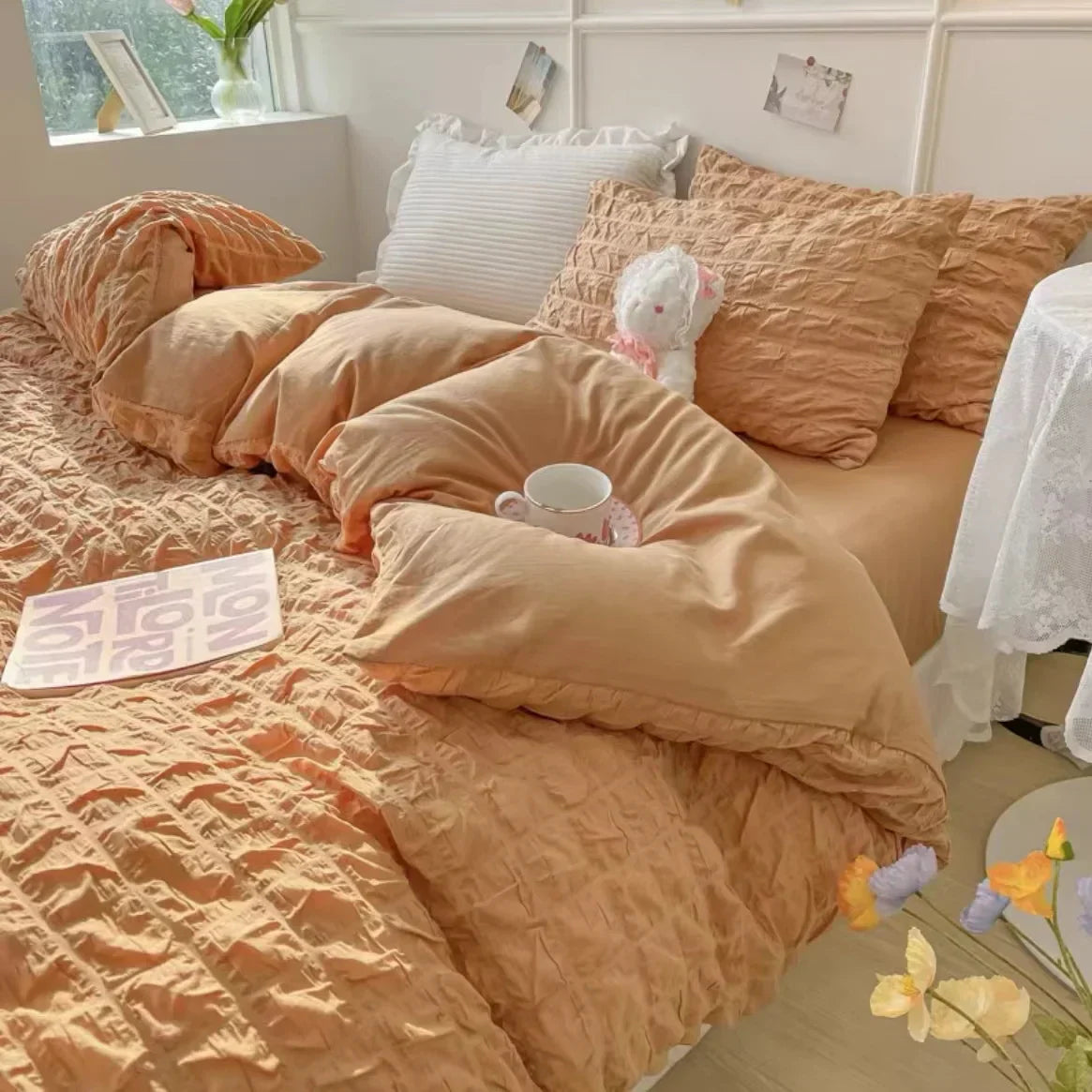 Princess Bedding Set  French Style Wash Cotton Solid Color Seersucker Summer Soft 4New Bed Sheet Set Comforter Set