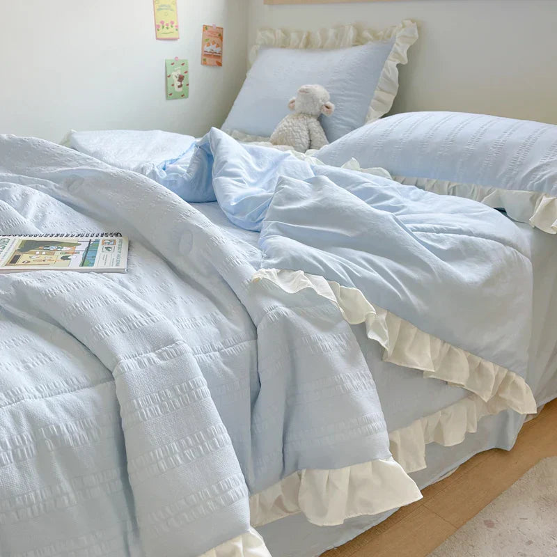 Korean Princess Style Summer Cool Quilt Comforter Soft Seersucker Lace Ruffles Summer Thin Quilt Blanket Machine Washable