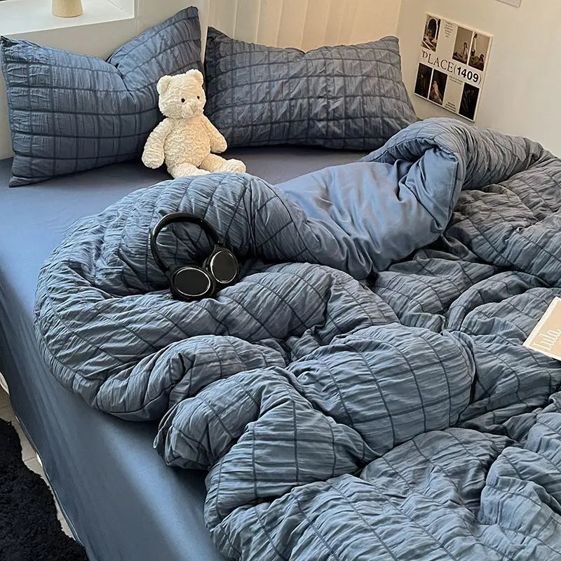 Bedding Set, Checkered Bubble Wash Cotton Quilt Set, Four Pieces, Ins Korean High Quality Bedding Sheet Set, Dormitory 3 Pcs