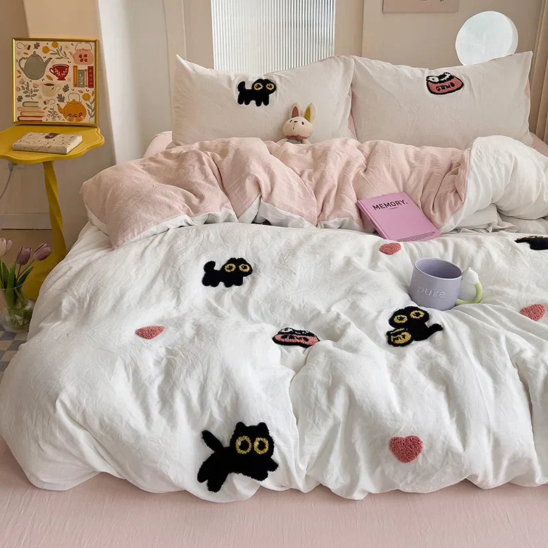 Bedding Set Super Soft Washed Cotton Towel Embroidery Duvet Cover Four Piece Set - Lucky Cat Series