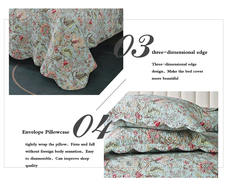 Double Bed 100% Cotton Plants And Flowers 3pcs Printed Quilted Quilt Pillowcase Free Shipping