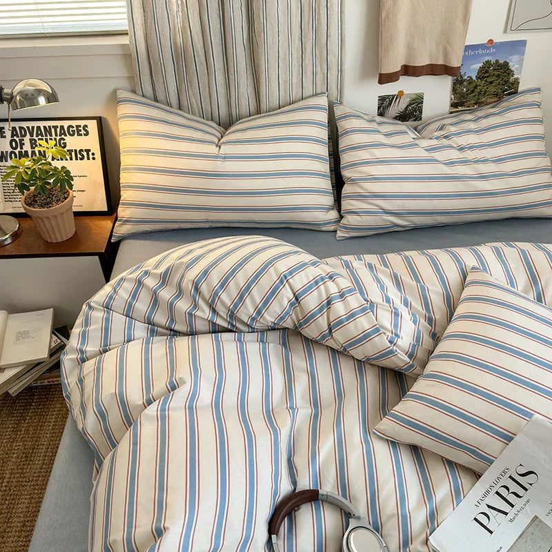 100% Cotton Stripe Style Duvet Cover Set 3-Piece (1 Duvet Cover + 2 Pillowcases),Minimalist Bedding Set for All Seasons