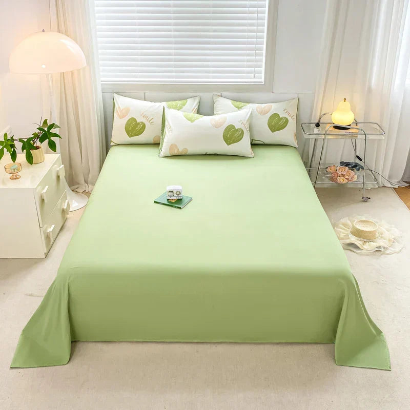 Sweet Green Heart-Shaped Princess Girls Duvet Covers Simple Quilt Cover Bed Flat Sheet Pillowcase Washed Cotton Bed Linens