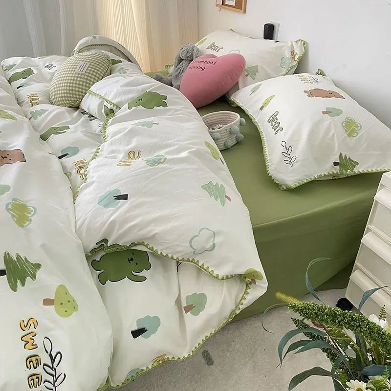 Student Dormitory Three-piece Ins Oil Painting Wind Tulip Quilt Set Double Yarn Four-piece Set 1.8 Washed Cotton Bed Girl