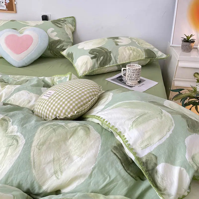 Student Dormitory Three-piece Ins Oil Painting Wind Tulip Quilt Set Double Yarn Four-piece Set 1.8 Washed Cotton Bed Girl
