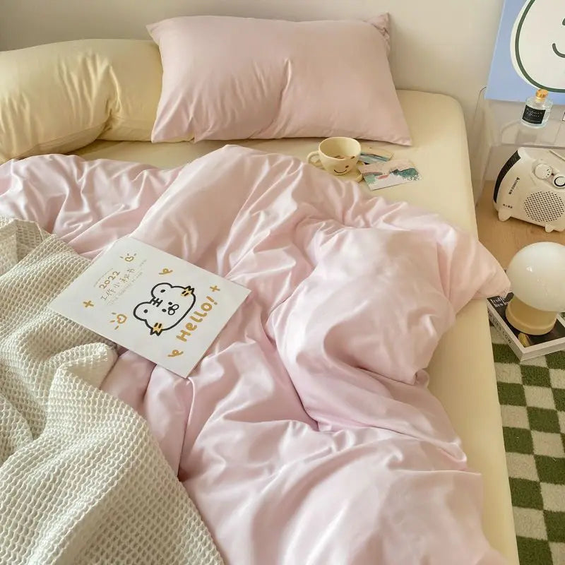 Korean Solid Color Bedding Set Adults Kids Twin Full Queen Size Soft Bed Flat Sheet Duvet Cover Set Pillowcases Simple Bed Linen