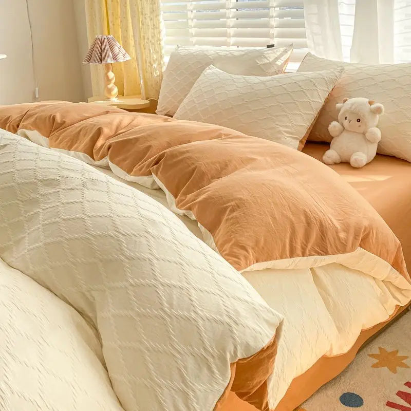 Argyle Jacquard Bedding Set Duvet Cover Pillowcases Flat Sheet Washed Cotton Solid Color Bed Linen Duvet Cover Set