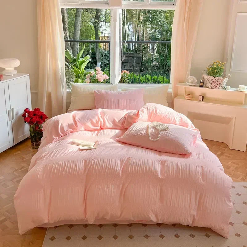Korean Princess Seersucker Bedding Set Duvet Cover Flat Sheets Pillowcase Bed Sheet Set Soft Comforter Cover Bed Linens Set
