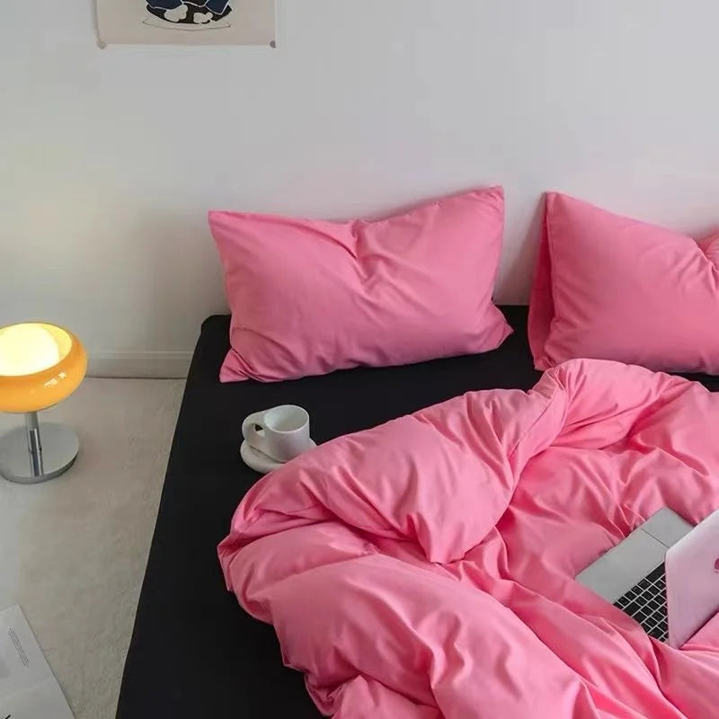 Fashion Style Pink Black Bedding Set Soft Flower Duvet Cover Pillowcase Bed Flat Sheet Set For Girl Double Queen King Bedclothes