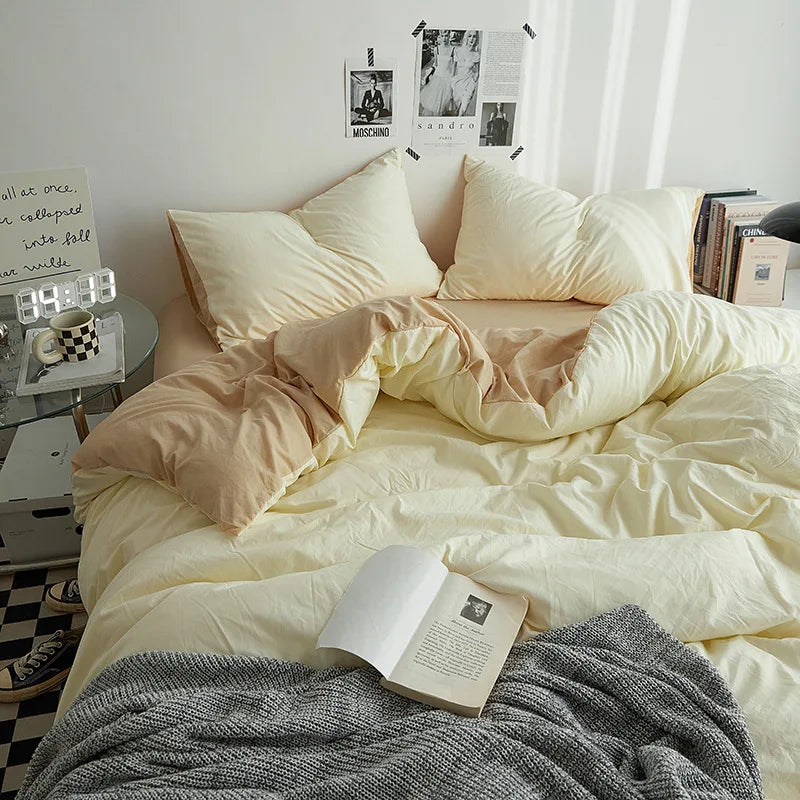 Bed Sheet Set Ins Style Double Color Washed Cotton   Bed Sheet Quilt Cover Sheet 3-piece Set Comforter Set Queen King Size