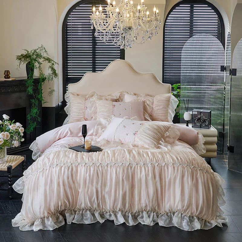 100% Tencel Bedding Set 60s Lace Flat Sheet Set With Pillowcase Queen King Double Size Bare Sleeping Skin-Friendly Bed Linen Set