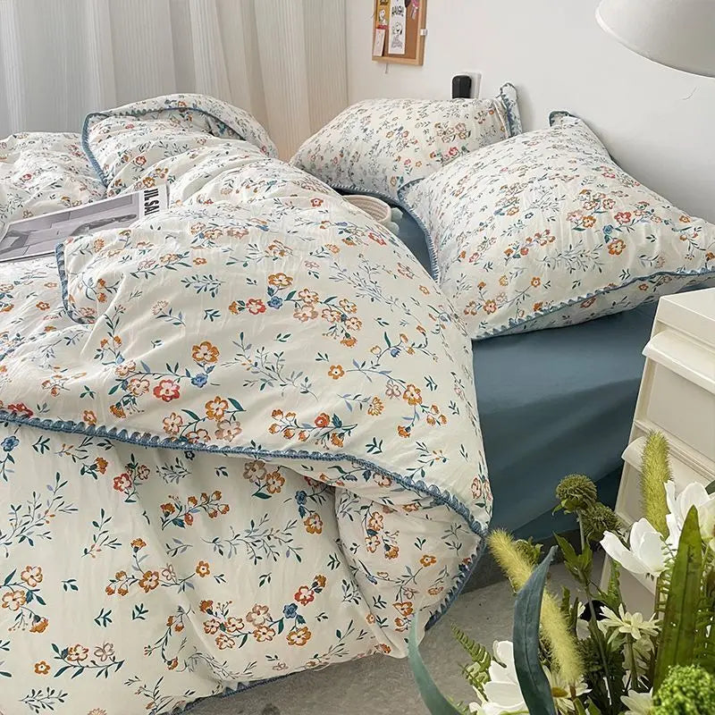 Student Dormitory Three-piece Ins Oil Painting Wind Tulip Quilt Set Double Yarn Four-piece Set 1.8 Washed Cotton Bed Girl