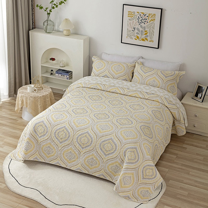 Nordic Cotton Romantic Print Bedspread Pillowcase Quilted Bed Cover Sofa Blanket Four Seasons Coverlet Bedding 3PCS
