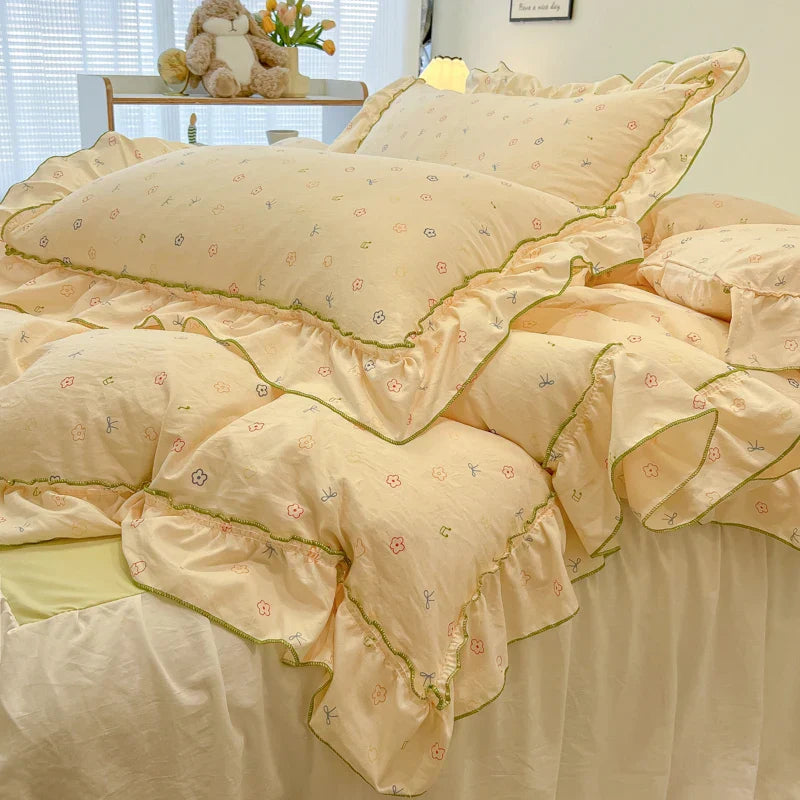 2/3Pc Korean Princess Style Floral Ruffles Bedding Set Single Queen Size Soft Skin-friendly Washed Cotton Duvet Cover Pillowcase