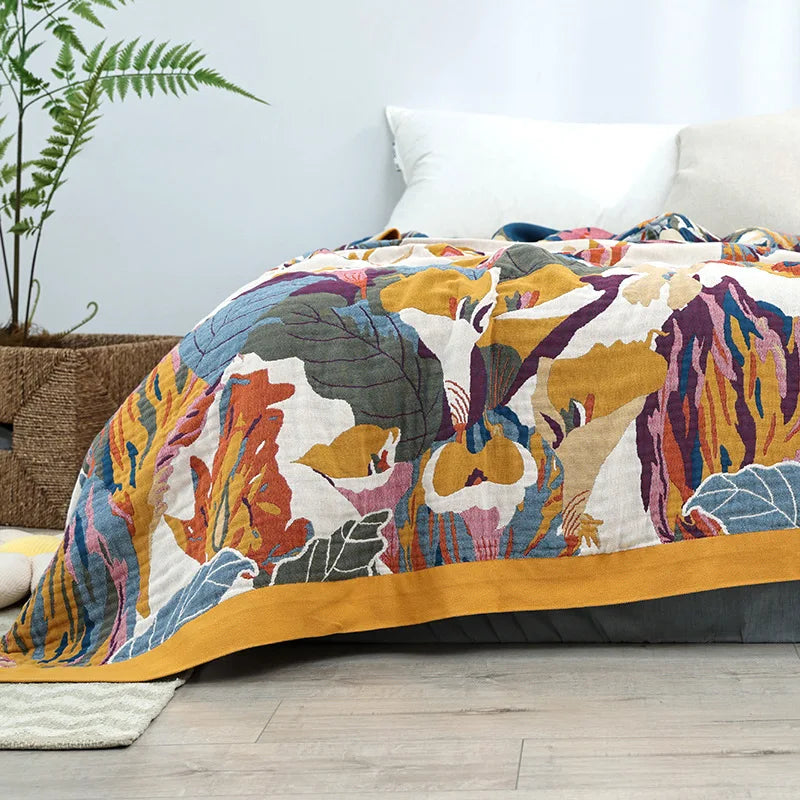Textile City Ink Flower Fragrance Cotton Multi-layer Gauze Towel Quilt Summer Cool Throw Blanket Bedroom Comfy Bed Sheet 240x250