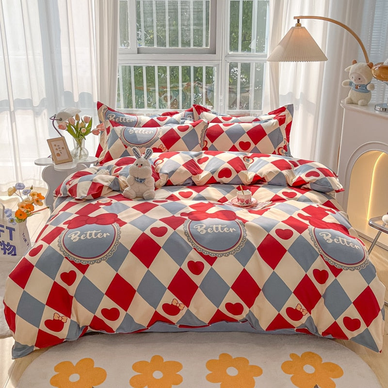 Cotton Home Textile Rose Floral Bedding Set Boy Girl Duvet Cover Flat Sheet Pillowcase Aesthetic Bedcloth Double Queen Bed Linen